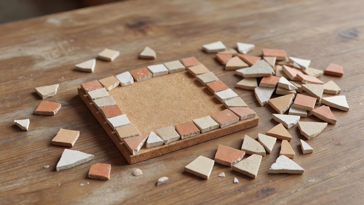 Soft render of a small coaster with a dry-fitted border and loose ceramic pieces ready for placement