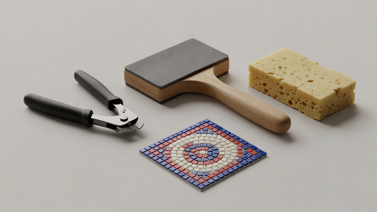Soft render of tile nippers, a grout float, a sponge and a small mosaic sample with clearly separated tools