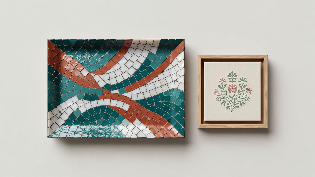 Soft-lit render of a decorative mosaic tray beside a small framed ceramic artwork on a plain background