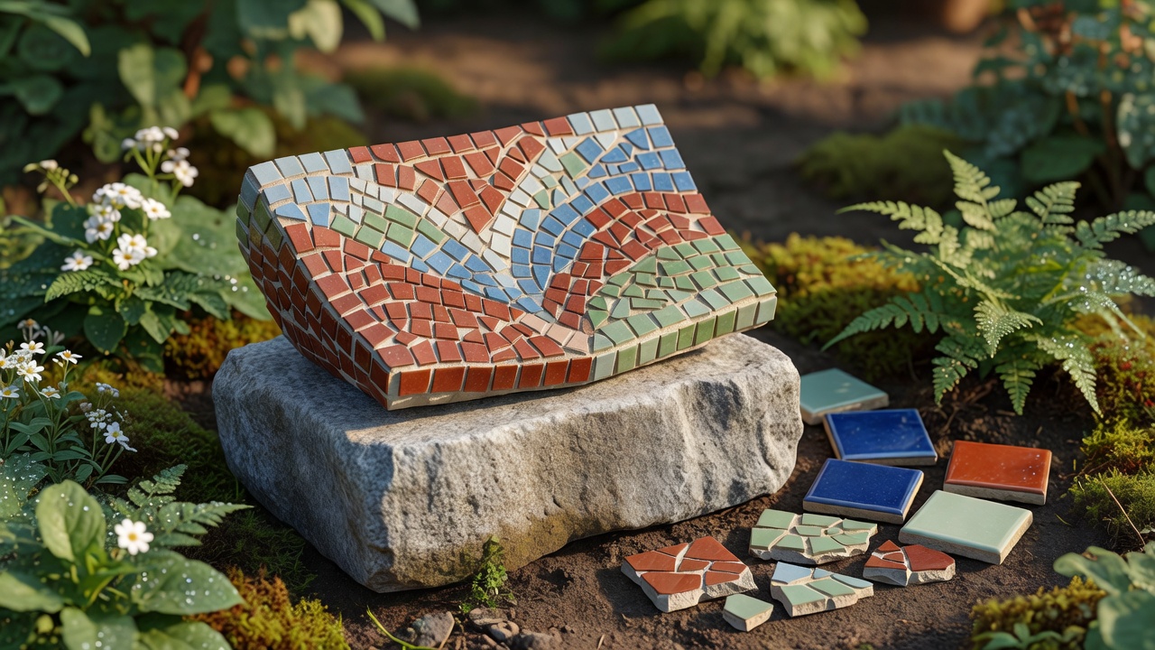 Soft render of a compact mosaic garden ornament with a stable mineral base and separate ceramic samples